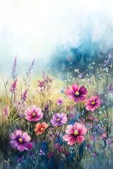 Fototapeta premium Dreamy Watercolor Landscape of Misty Flower Field with Vibrant Blooms in Hazy, Enchanted Background