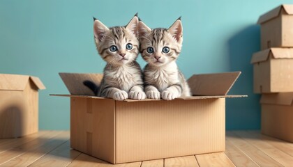 Obraz na płótnie Canvas Adorable kittens playing together in a cardboard box