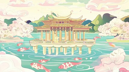 Fototapeta premium Aesthetic Traditional Pavilion Surrounded by Lush Cherry Blossom Trees and Colorful Koi Fish in Tranquil Waters 
