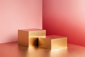 Fototapeta premium Two golden cube podiums on glossy pink surface
