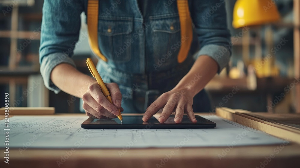 Aufkleber hands of a designer using a stylus on a tablet, reviewing blueprints and selecting materials for an 