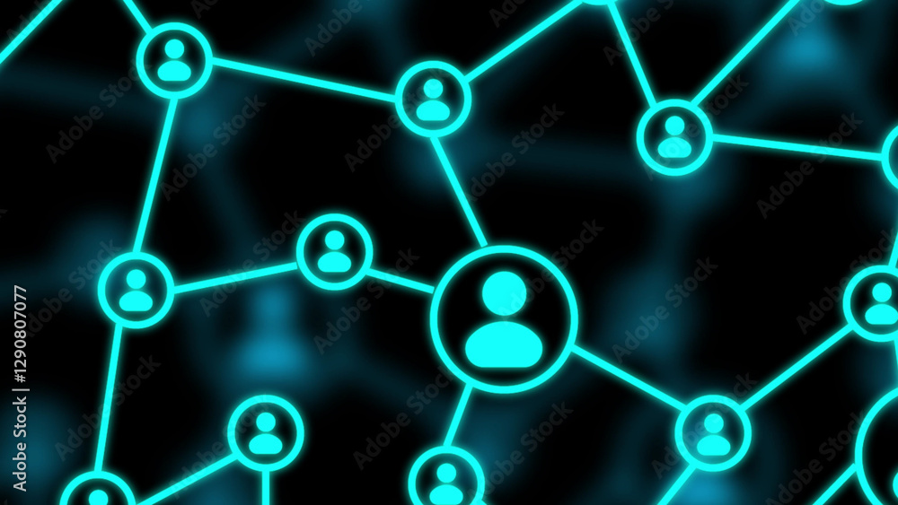 Poster social connection animation. icons of people linked to a group on a black background