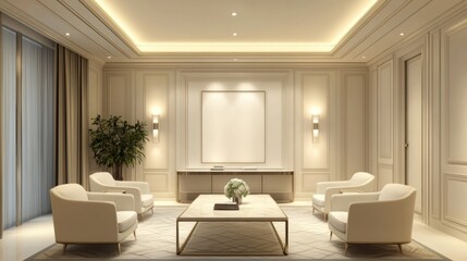 Fototapeta premium A simple yet sophisticated meeting room with a white color scheme, soft lighting, and elegant furniture.