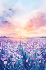 Dreamy Watercolor Landscape of Vast Flower Field and Luminous Sunset Sky