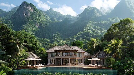 Naklejka premium Luxurious Tropical Estate Home with Infinity Pool and Mountain Views.