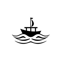 Black silhouette of a boat sailing on waves, minimalist illustration, monochromatic, white background.
