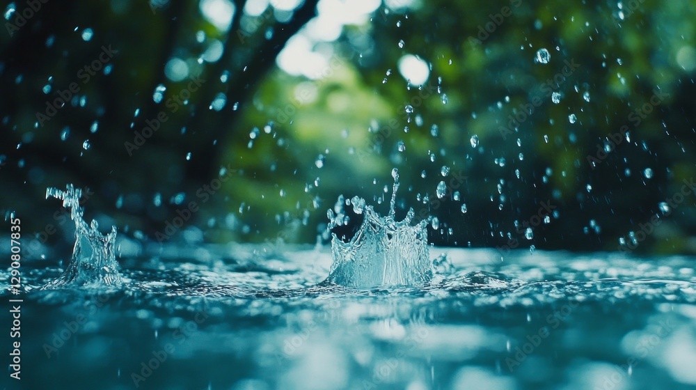 Poster raindrops dance on the surface of a pristine blue lake, creating intricate ripples that reflect the 