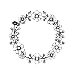 Elegant Monochrome Floral Wreath: Black Ink, Delicate Daisy Garland, Minimalist, Botanical Design.