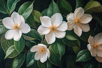 Fototapeta premium White Flowers With Green Leaves Set Against a Dark Teal Background in Tropical Style Artwork