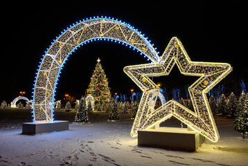 New Year's decoration. Christmas tree near the St. Nicholas Cathedral in Kronshtadt. Celebrating the New Year in Russia.