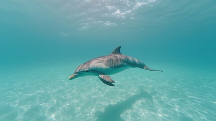 Obraz premium Underwater dolphin swimming in clear turquoise water. Possible use Stock photo for marine life, wildlife, nature, travel, or tourism