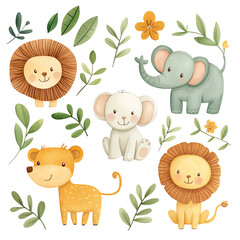 Fototapeta premium transparent Isolated Cute animal illustrations with foliage design. png illustration