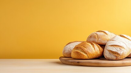 A selection of various artisan bread loaves elegantly arranged on a round wooden board, situated against a lively yellow background that enhances their rustic charm.