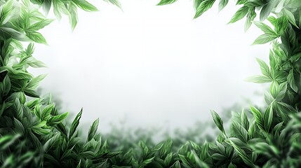 Lush Green Leaves Frame on White Background