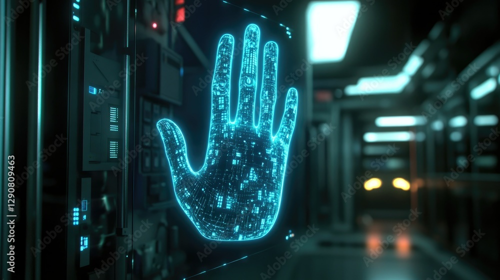 Aufkleber security access verification with an electronic hand scan glowing in blue