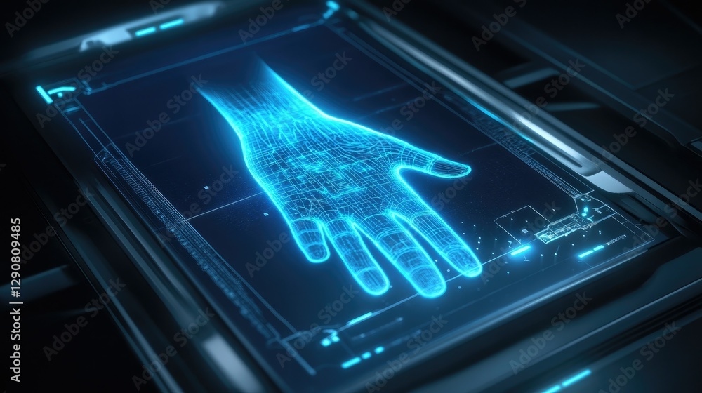 Poster security access verification with an electronic hand scan glowing in blue