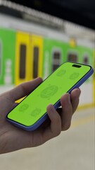 GREEN SCREEN CHROMA KEY Hand holding smartphone at a subway station with train in background, ideal for app or advertisement mockups on a transit theme