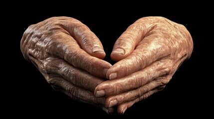 Senior hands with age spots and visible veins folded together in a thoughtful pose. Close-up texture and fine details highlighted.