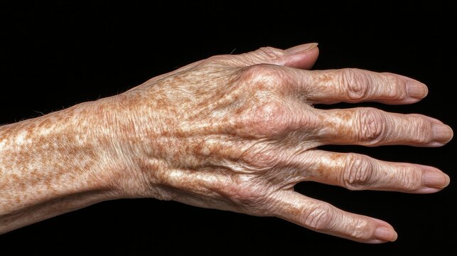 Senior hands with age spots and visible veins folded together in a thoughtful pose. Close-up texture and fine details highlighted.
