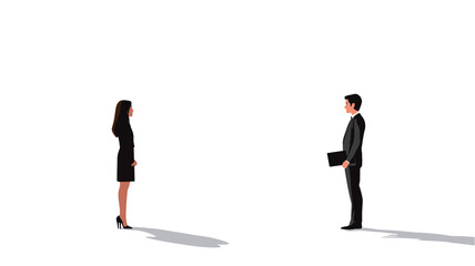 Obraz premium The image shows a man and a woman in business attire standing facing each other against a pure white background. Both individuals are in profile view, maintaining a significant distance between