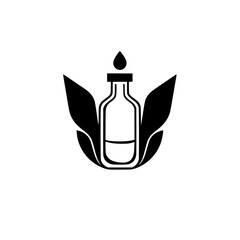Minimalist logo of a vial with leaves, droplet, and bottle representing a medical vial.