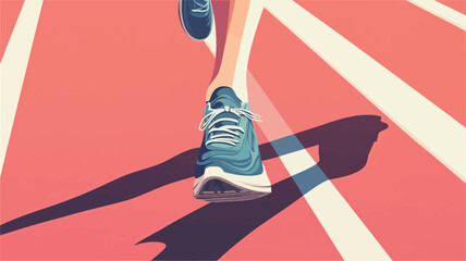 A close-up, low-angle illustration depicts a person's legs and feet running on a pink running track. The focus is on the runner's blue sneakers and lower legs.  The track is marked with crisp white