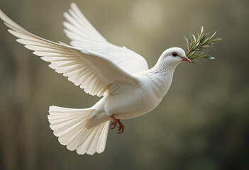 White dove in flight carrying olive branch against blurred natural backdrop