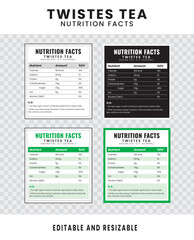 Twistes tea Nutrition Facts. Nutrition Facts Label and Nutrition List. Editable and Resizable Templates of Nutrition Facts, Supplement Facts and Vitamin Facts. Isolated on Transparent Background.