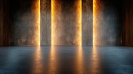 This image features a modern abstract space with illuminated concrete walls that reflect a blend of warm and cool tones, creating a captivating atmosphere of contrast.