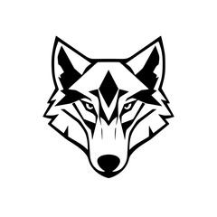 A stylized illustration of a black and white wolf's head in a minimalist form, stylized geometric pattern.