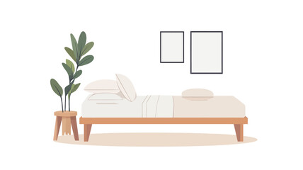 A digital illustration depicting a minimalist bedroom interior. The image shows a simple wooden bed with white bedding and pillows. A potted fiddle leaf fig plant sits on a small wooden stool to