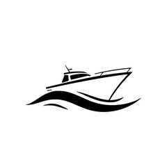 Modern black and white motorboat speeding through the water with elegant vector design on white background.
