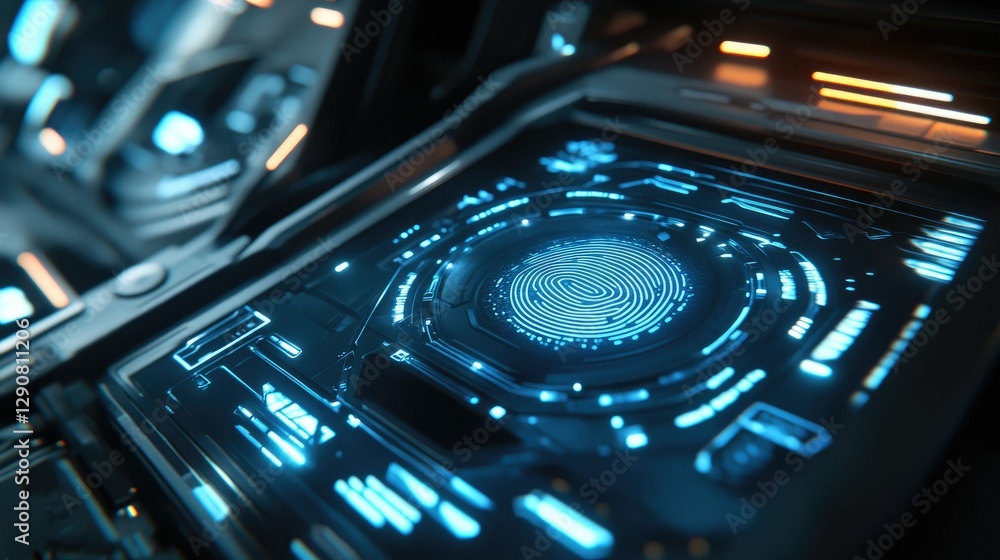 Poster virtual fingerprint authentication system glowing with a blue futuristic hud.