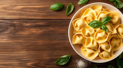 A beautifully arranged plate of tortellini on a rustic wooden table, garnished with fresh basil and sprinkled with salt, exuding warmth and inviting culinary delight.