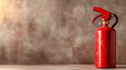 A polished red fire extinguisher is captured against a textured backdrop, highlighting its importance in fire prevention technology and safety awareness.
