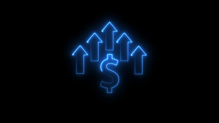 Glowing neon line of dollar sign icon and up arrow isolated