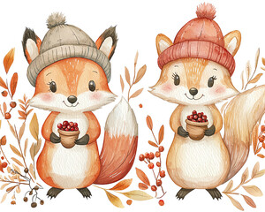 Fototapeta premium transparent Isolated Whimsical watercolor cozy playful cartoon Animal set Two cute foxes with hats, autumn leaves png illustration