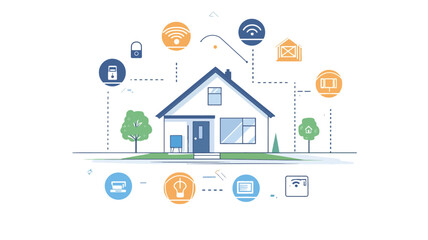 Fototapeta premium A stylized illustration depicting a single-story house surrounded by various circular icons representing smart home features. The icons are connected to the house by thin lines suggesting network