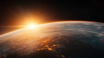 Obraz premium A breathtaking view of Earth at sunrise, showcasing a vibrant glow that highlights the beauty of our planet and the cosmic surroundings.