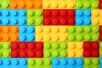 Constructor toy. Many colorful building blocks as background, top view