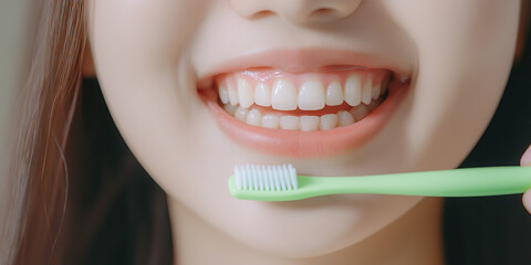 Close-up of a woman's smiling mouth with a green toothbrush 