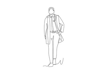 The doctor walks towards the clinic. Walking into the clinic concept one-line drawing