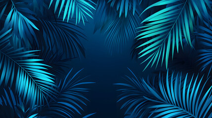 Obraz premium abstract illustration of palm leaves in neon blue, purple and pink on dark background, vector art 