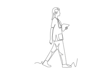 The doctor walks towards the clinic. Walking into the clinic concept one-line drawing