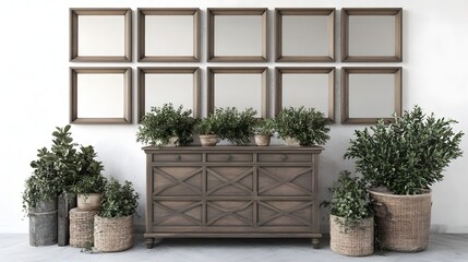 Stylish Minimalist Furniture Arrangement with Potted Plants and Framed Artwork in Modern Interior