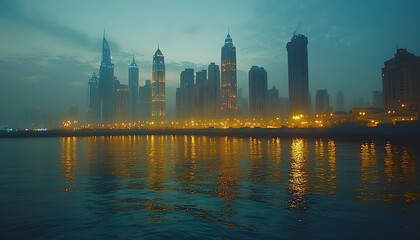 Fototapeta premium Modern Skyline of Dubai Reflecting Lights on the Water at Dusk
