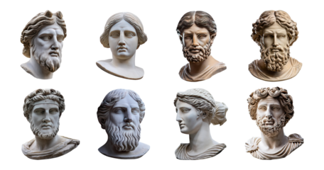 Classical Sculpture Heads in Various Artistic Styles and Expressions, isolated on transparent background