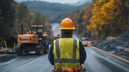 Obraz premium Highway Construction Worker in Autumn Landscape Operating Heavy Machinery