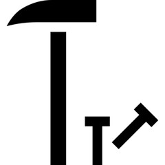 Minimalist hammer and nail glyph icon in a monochrome vector style. This simple and clean design symbolizes construction, repair, carpentry, and DIY projects, making it ideal for tool-related branding