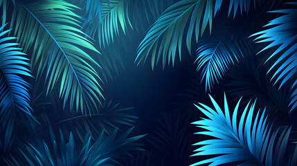 Fototapeta premium abstract illustration of palm leaves in neon blue, purple and pink on dark background, vector art 